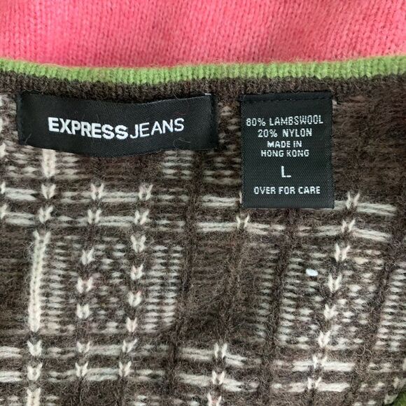 Y2K 90s Sweater Plaid Stripe Wool pink Contrast Boxy Oversized V Neck Express L - Picture 13 of 15